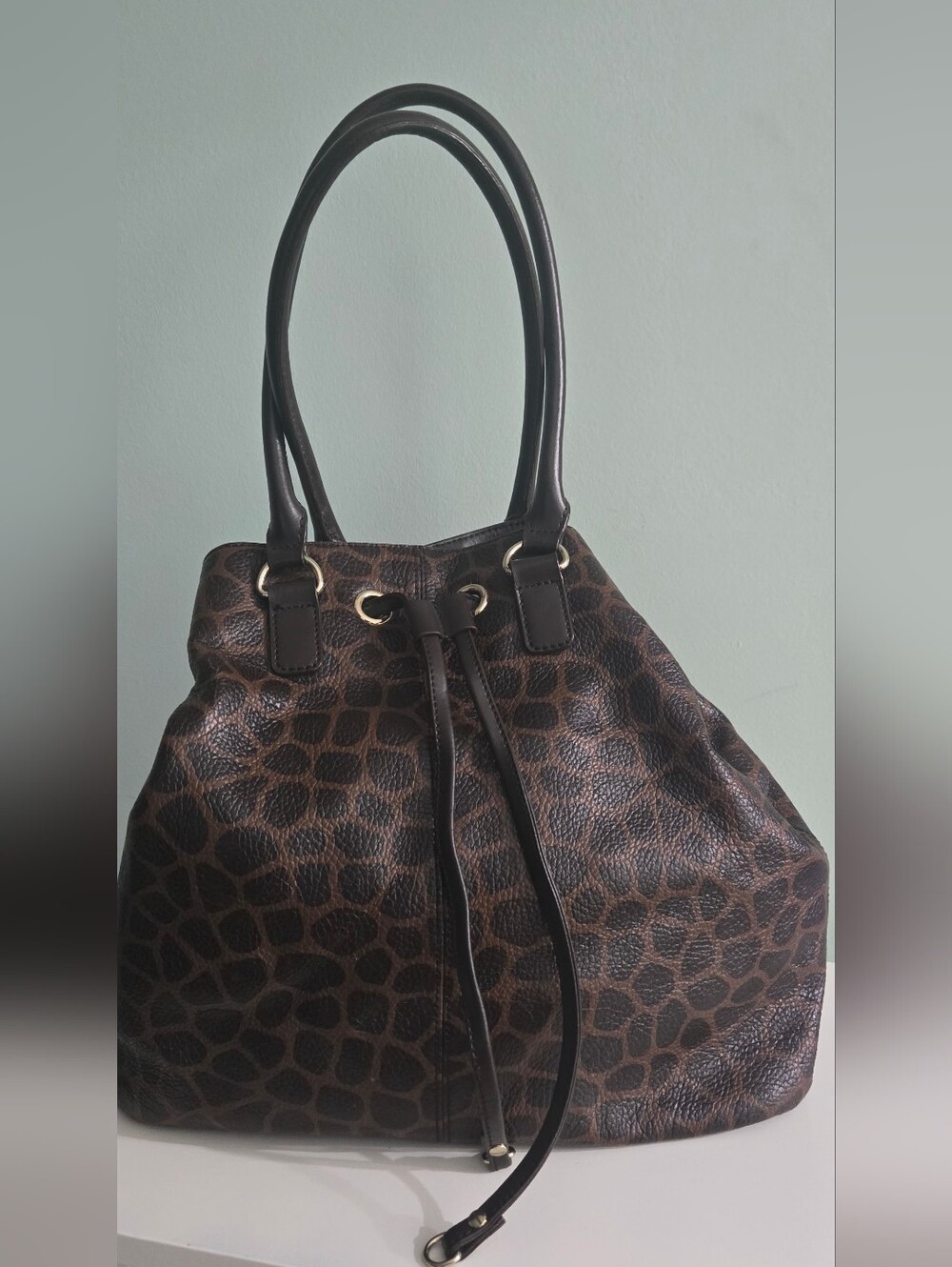 Talbots  Brown Leather Giraffe-Print Drawstring Tote Bag